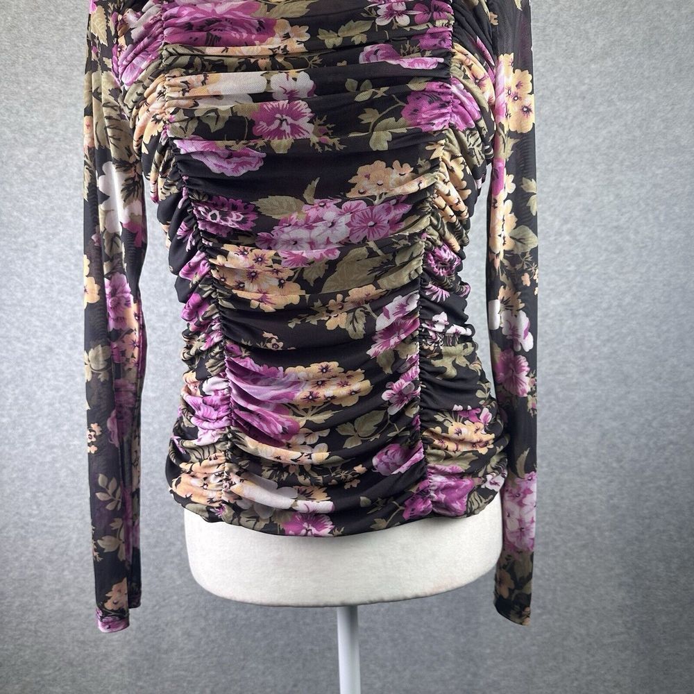 Anthropologie Maeve Sheer Ruched Retro Disco Mesh Long Sleeve Size S Scoop Neck - Picture 5 of 12